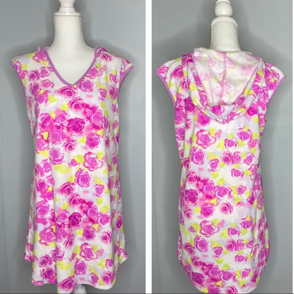 *BETSEY JOHNSON* Pink Rose Blossom Terry Hooded Cover-up/Tunic Dress - Picture 1 of 9